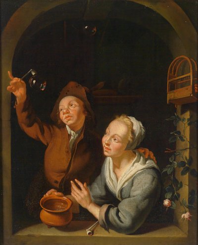 A Young Couple Making Soap Bubbles by Louis de Moni  